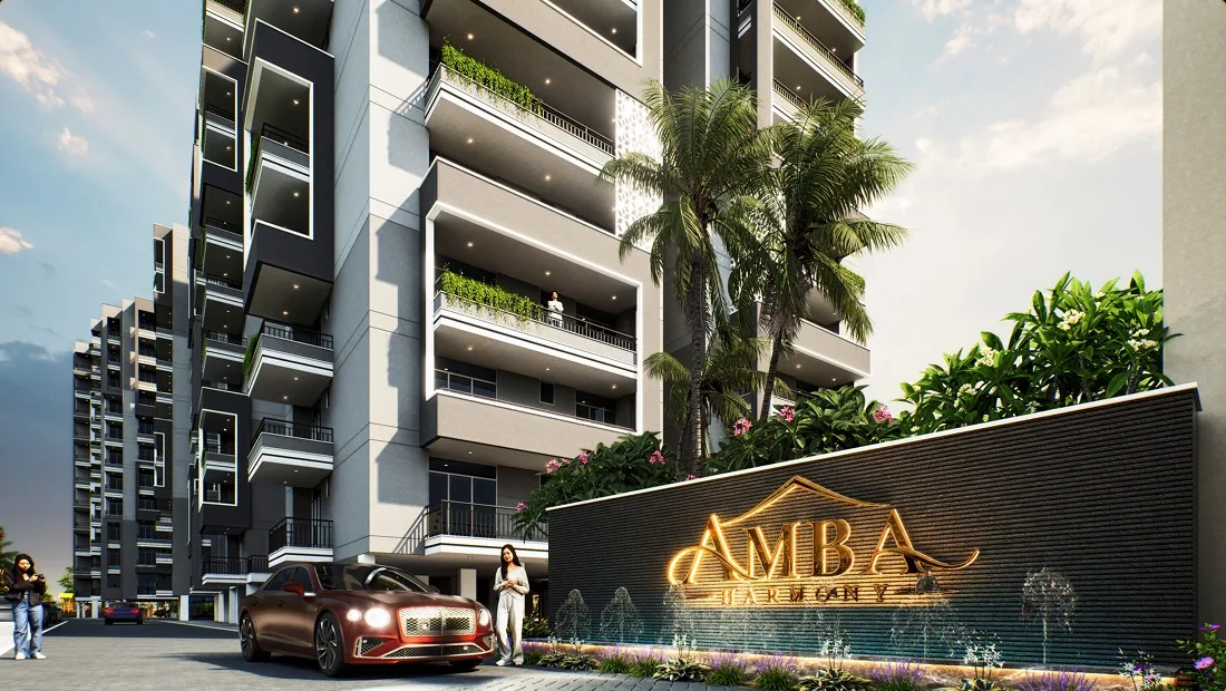 Amba Harmony entrance with illuminated AMBA sign (artist's impression)